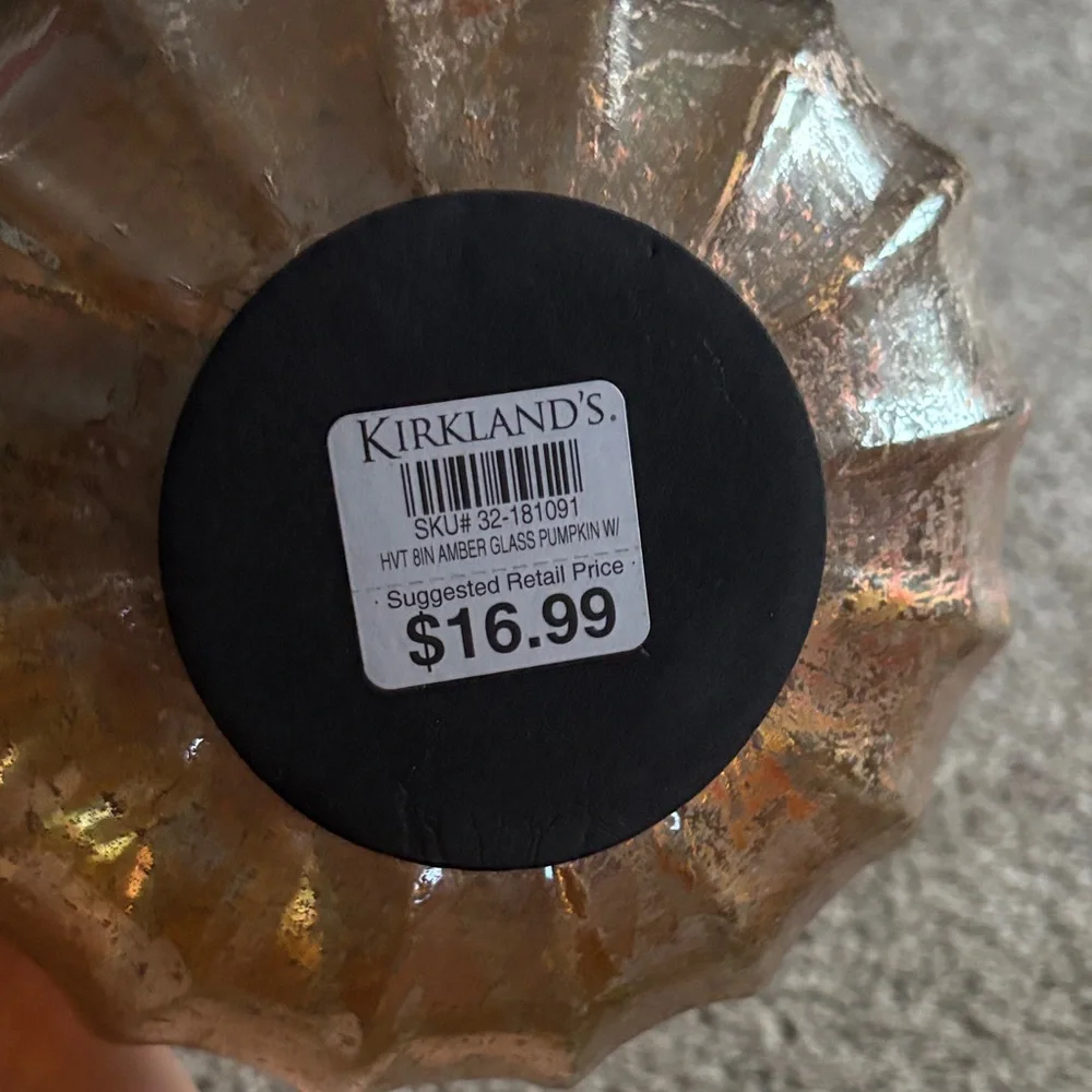 Kirklands Amber Glass Pumpkin with Metal Leaf - Picture 2 of 6